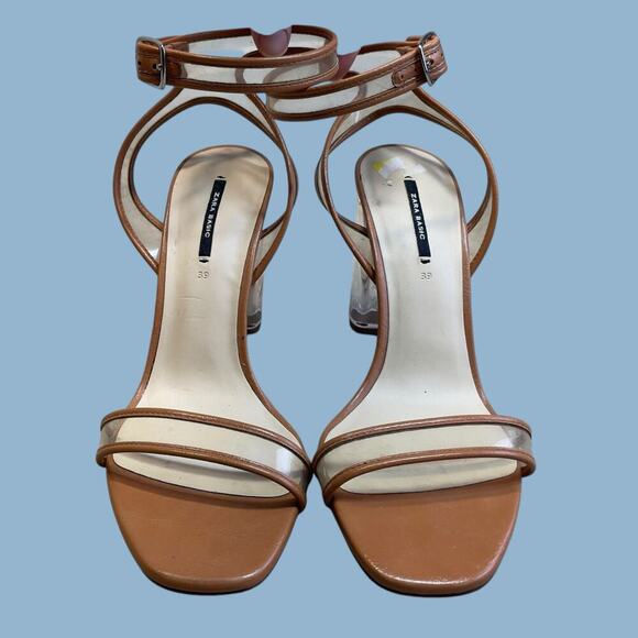 Zara lucite clear tan brown ankle strap block heels sandals size EU 39 US 8 - Picture 8 of 16